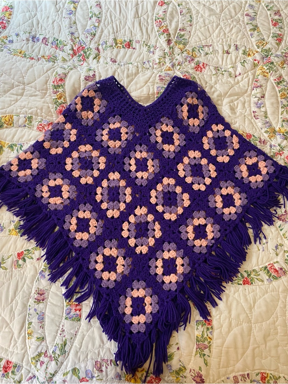 Handmade Purple Crochet Granny Square Poncho with Pink Accents